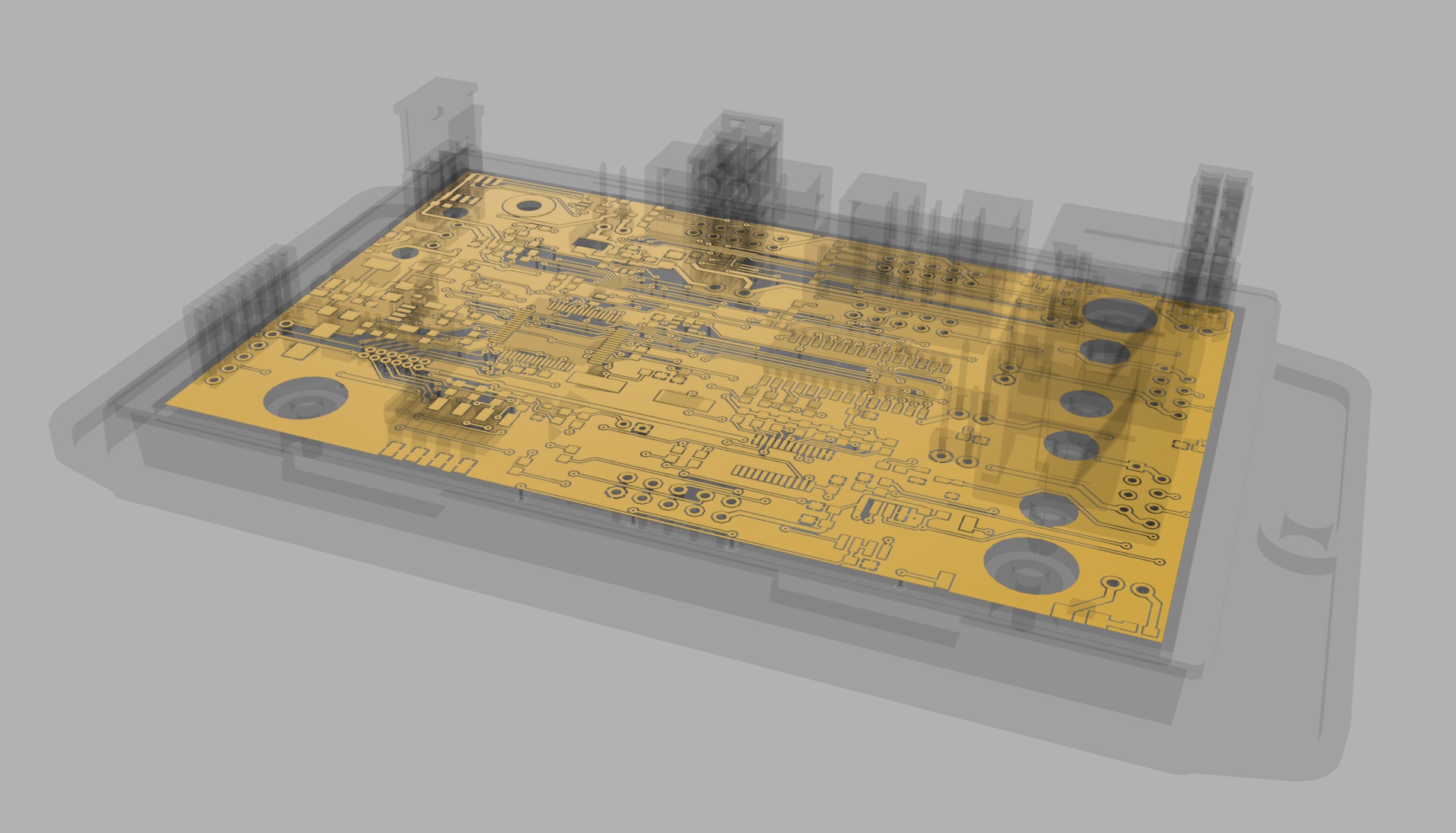 X-ray style render of a multilayer PCB inside its enclosure, showing routed traces and components