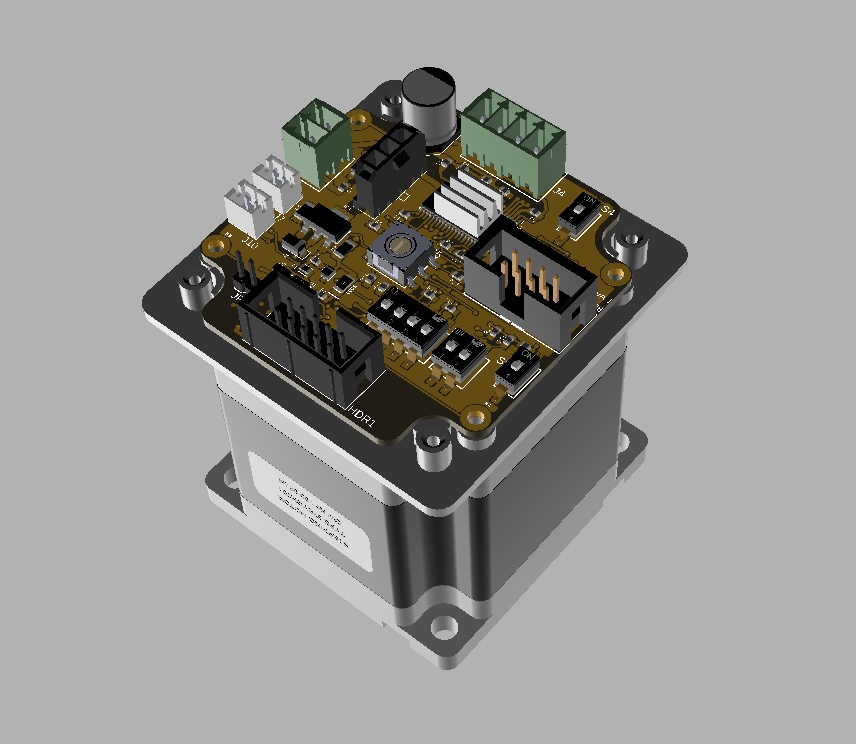 Motor controller PCB mounted on a stepper motor housing