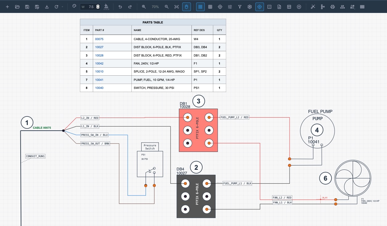 Savant Conductr schematic editor showing a wire harness circuit with parts table and connector detail