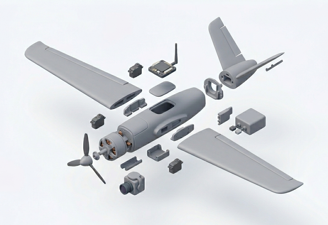 Exploded assembly view of a drone showing individual components managed within SavantPLM