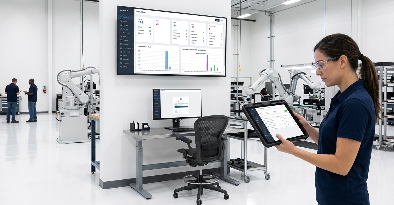 SavantPLM dashboard displayed on a factory floor screen and tablet, showing asset counts, BOM status, and manufacturing charts